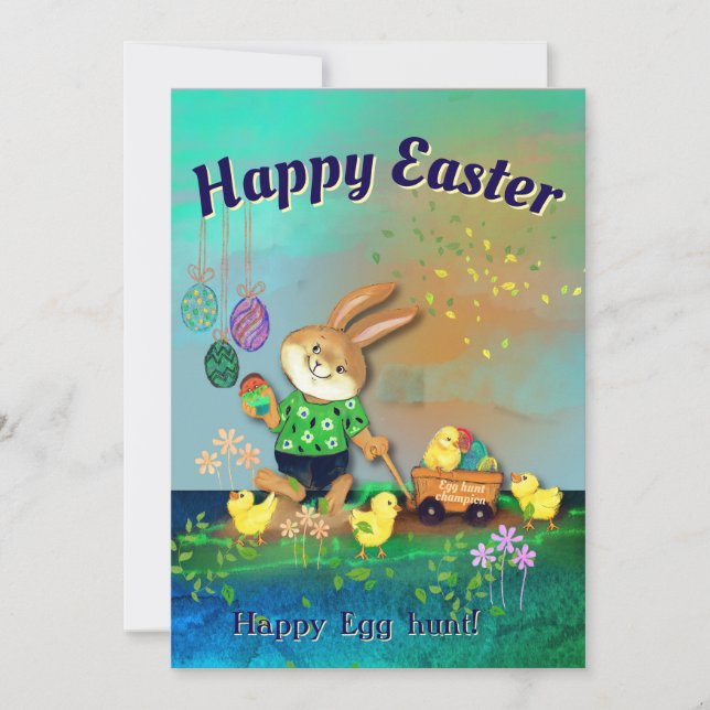 Happy Egg Hunt Bunny & Chicks Green Holiday Card (Front)
