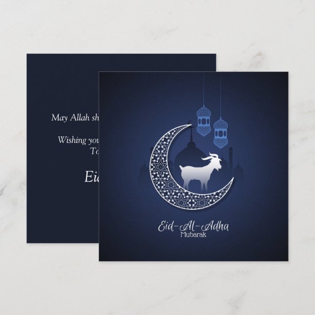 Happy Eid Al Adha Mubarak Blue White Goat Islamic Holiday Card (Front/Back)