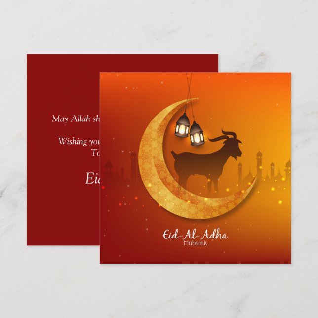 Happy Eid Al Adha Mubarak Orang White Goat Islamic Holiday Card (Front/Back)