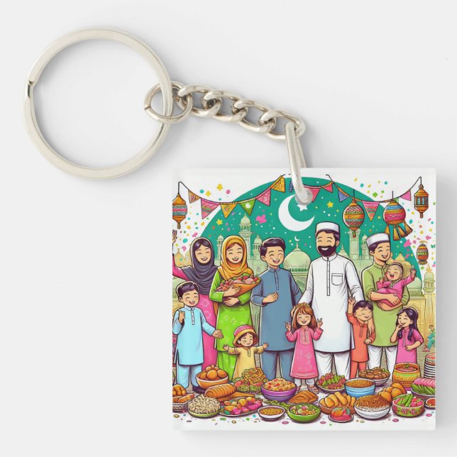 Happy Eid Family Funny Celebrating Design Key Ring (Front)