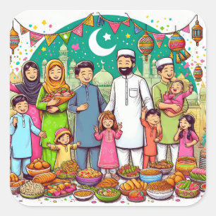Happy Eid Family Funny Celebrating feast Square Sticker