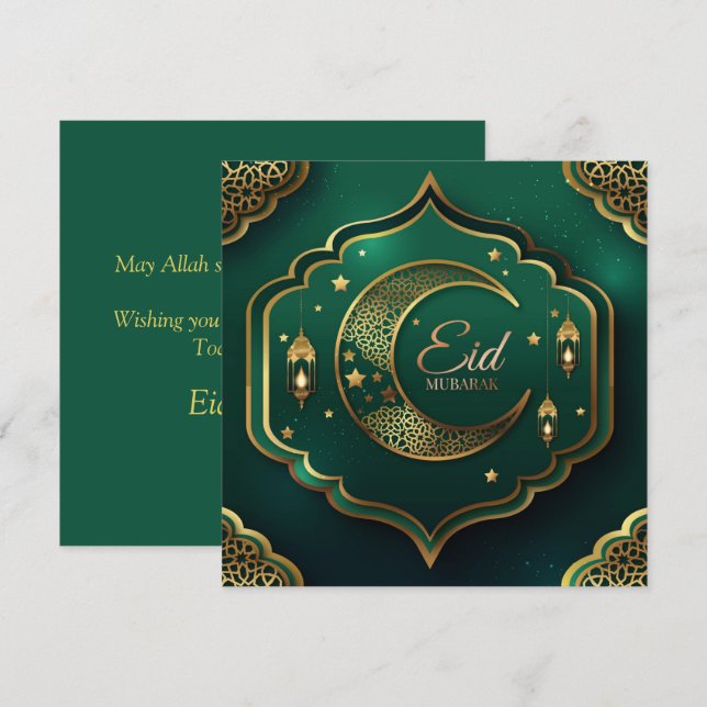 Happy Eid Gold Cresent Stars Islamic Lantern Green Holiday Card (Front/Back)
