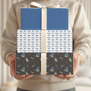 Happy Eid Kids Blue Moon Lantern Pattern Quote Wrapping Paper Sheet