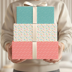 Happy Eid Kids Blue Pink Moon Star Pattern Quote Wrapping Paper Sheet