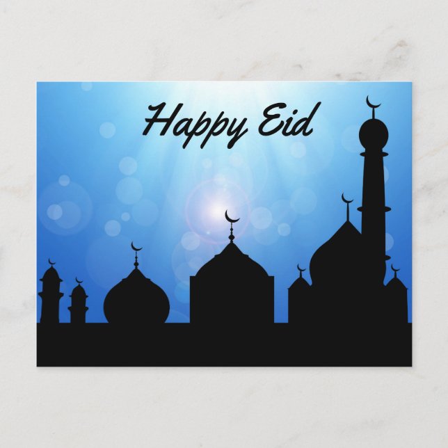 Happy Eid Mosque with Sunrays - Postcard (Front)