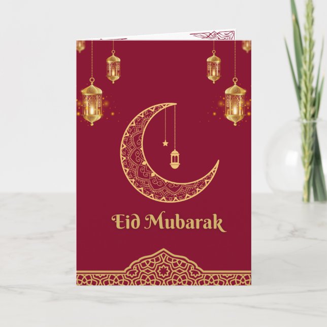 Happy Eid Mubarak Burgundy and Golden Crescent  Holiday Card (Front)