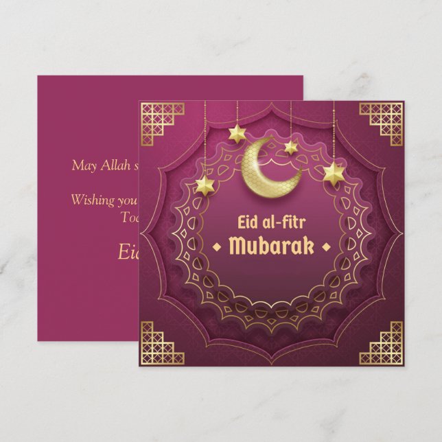 Happy Eid Mubarak Cresent Star Gold Purple Holiday Card (Front/Back)