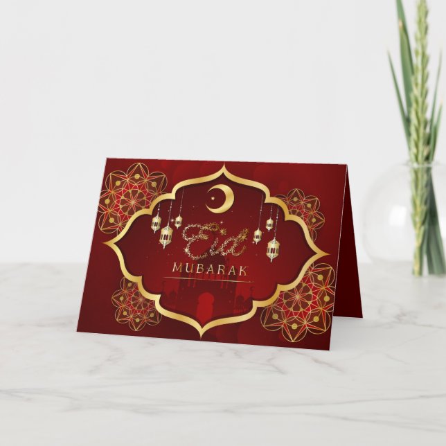 Happy Eid Mubarak Cresent Star Gold Red Floral Holiday Card (Front)