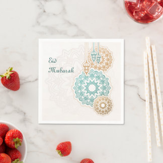 Happy eid mubarak with lanterns and decorations napkin