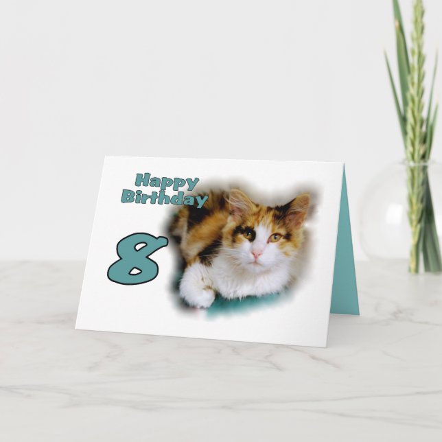 Happy Eighth Birthday Calico Cat Card (Front)