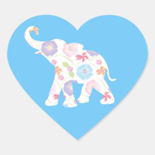 Happy Elephant Art Pattern Flower Cute Unique Blue Heart Sticker