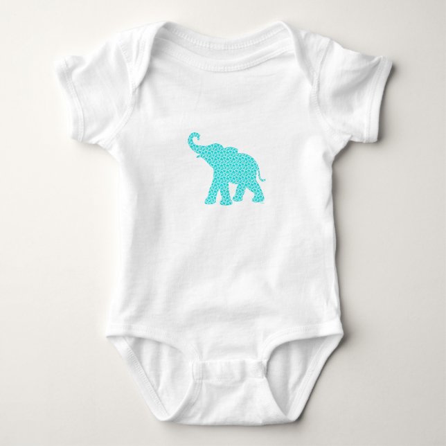 Happy Elephant Art Turquoise Pattern Modern Baby Bodysuit (Front)