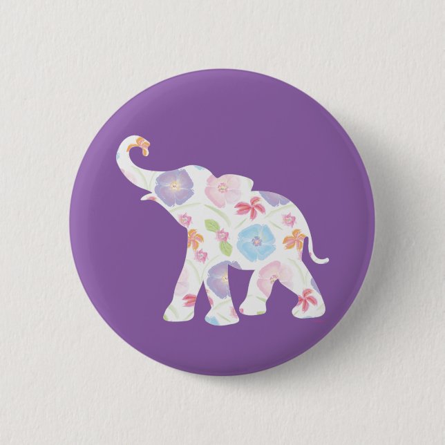 Happy Elephant-Big-Flower Pattern Modern 6 Cm Round Badge (Front)