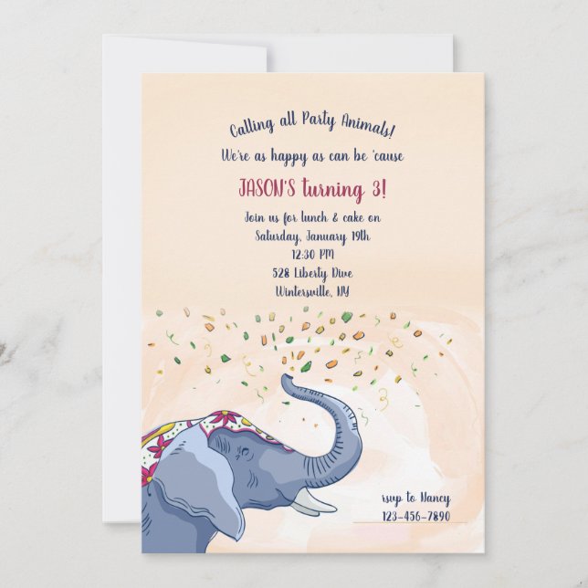 Happy Elephant Birthday Party Invitation (Front)