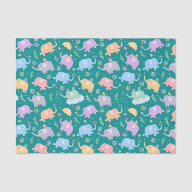 Happy Elephant Garden Party w Umbrellas Flowers Tissue Paper (Front)