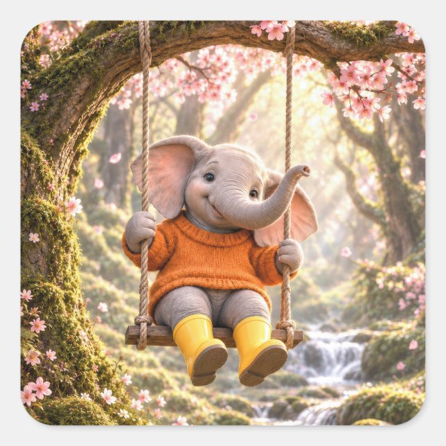 Happy Elephant on Cherry Tree Swing Square Sticker (Front)