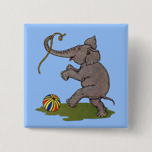 happy elephant playing with rope and ball 15 cm square badge