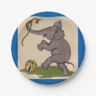 happy elephant playing with rope and ball paper plate