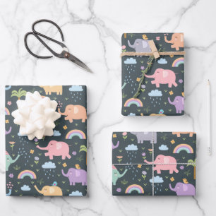 Happy Elephants Birds Night Sky Clouds Rainbows Wrapping Paper Sheet