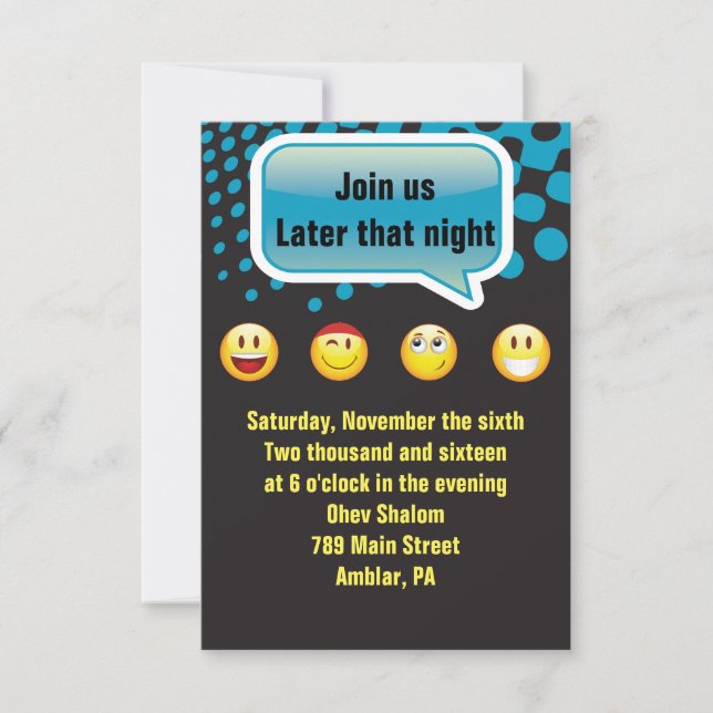 HAPPY EMOJI Bar Bat Mitzvah Party Reception Card (Front)