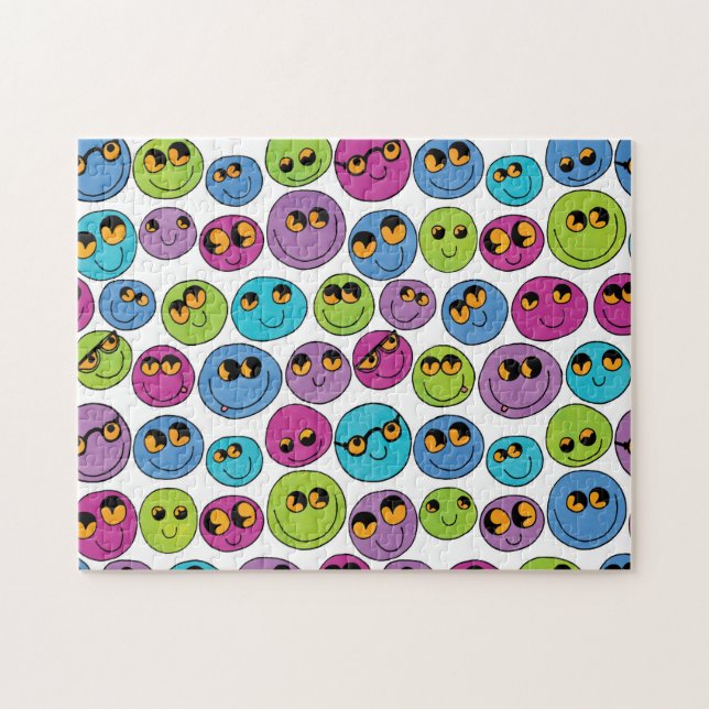 Happy Emoji Faces Pattern Blue Purple Green Pink Jigsaw Puzzle (Horizontal)