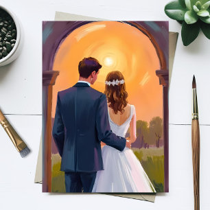 Happy Ever After Bride & Groom Watercolor Wedding Postcard