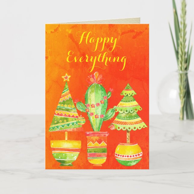 "Happy Everything" Colorful Modern Tree Watercolor Holiday Card (Front)