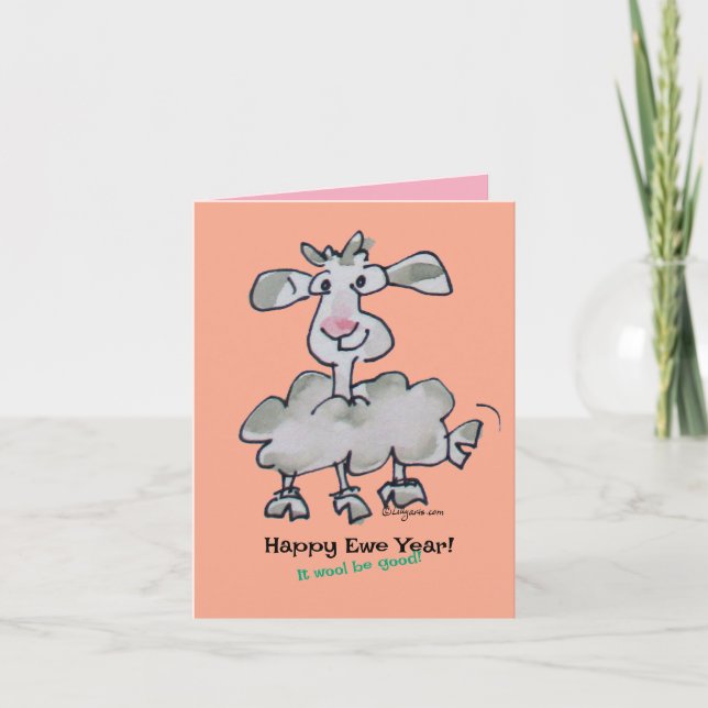 Happy Ewe Year! It wool be good Cartoon Sheep  Holiday Card (Front)