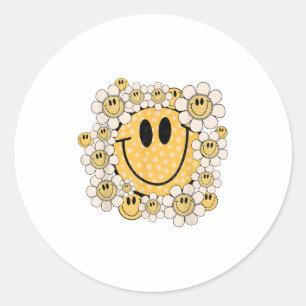 Happy Face Daisy Flower Preppy Aesthetic Smile Fac Classic Round Sticker