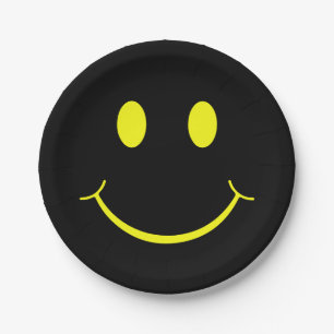 Happy Face Graphic Black Yellow Paper Plate