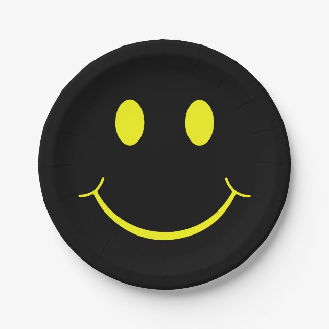 Happy Face Graphic | Black Yellow Paper Plate (Front)
