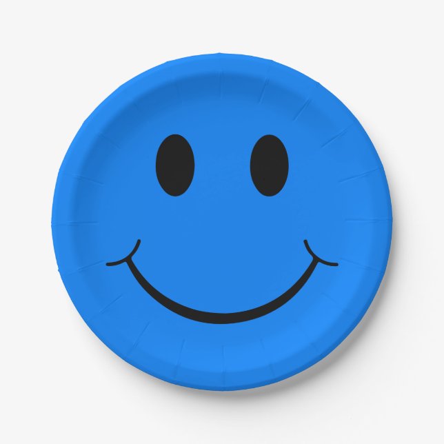 Happy Face Graphic | Neon Blue Paper Plate (Front)