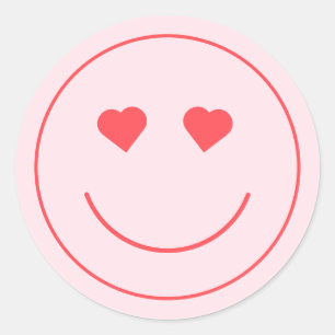 Happy Face Heart Eyes Pink Classic Round Sticker