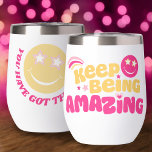 Happy face Preppy slogan keep being amazing<br><div class="desc">Graphic preppy teen style pink and yellow smilie face keep being amazing slogan thermal tumbler. Personalise with your own name and message,  currently reads Keep being amazing. You have got this Millie. © Original graphic art and design by www.mylittleeden.com</div>