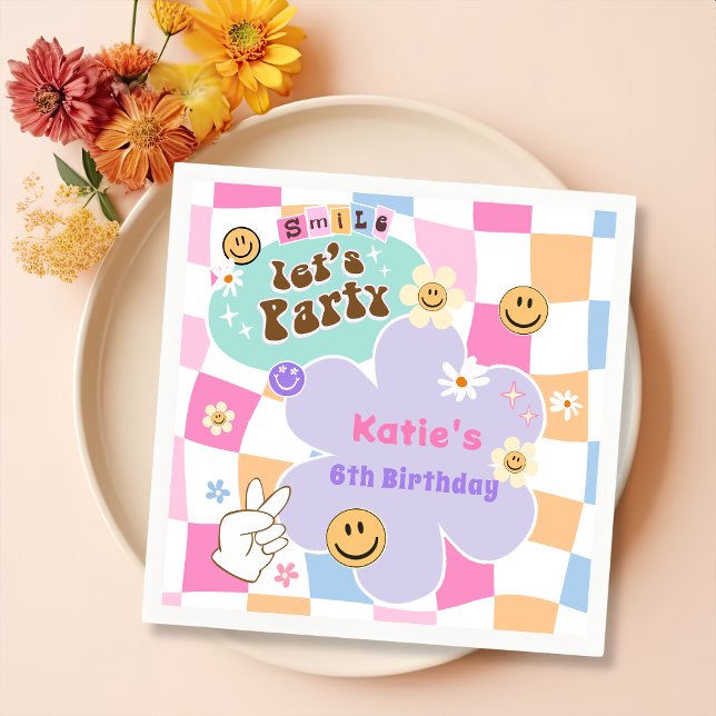 Happy Face Smile Groovy Chequered Birthday Napkin (Creator Uploaded)