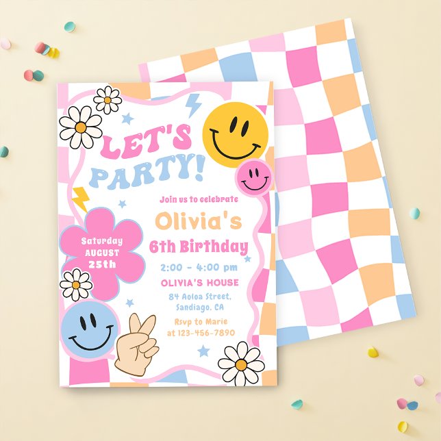 Happy Face Smile Groovy Chequered Birthday Party Invitation (Creator Uploaded)