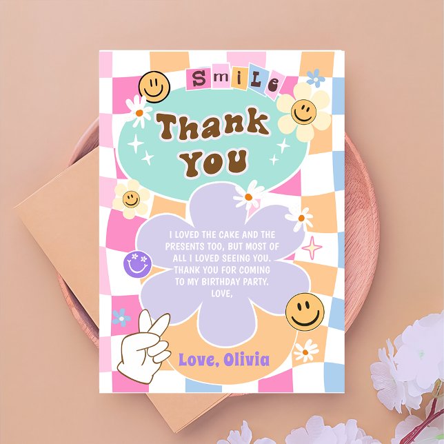 Happy Face Smile Groovy Chequered Birthday Thank You Card (Creator Uploaded)