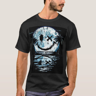 Happy Face Smiling Night-time Moon Over Ocean T-Shirt