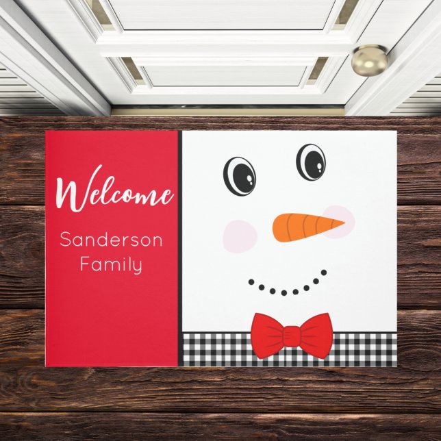 Happy Face Snowman red tie black buffalo plaid Doormat (Creator Uploaded)