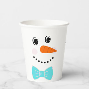 Happy Face Snowman Teal Blue Bowtie Paper Cups