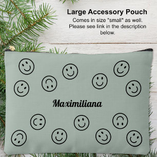 Happy Faces Black on Green - LARGE Accessory Pouch