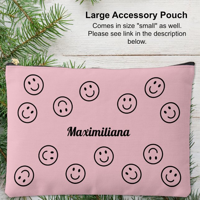Happy Faces Black on Pink - LARGE Accessory Pouch (Happy Faces on Pink - LARGE Accessory Pouch)
