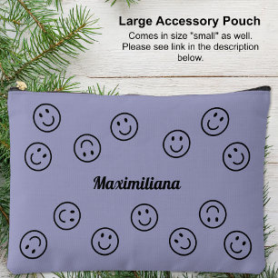 Happy Faces Black on Purple- LARGE Accessory Pouch