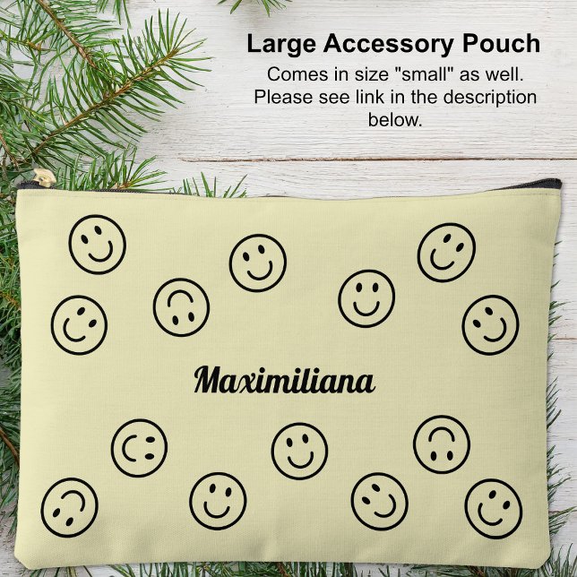 Happy Faces Black on Yellow- LARGE Accessory Pouch (Large Accessory Pouch - Happy Faces Black on Yellow by Leapfroglisics Shop)