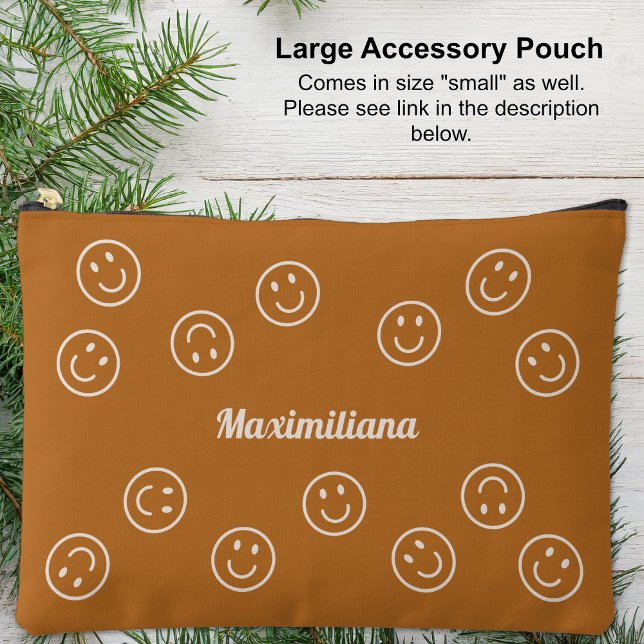 Happy Faces on Boho Brown - LARGE Accessory Pouch (Happy Faces on Boho Brown - LARGE Accessory Pouch by Leapfroglisics Shop)