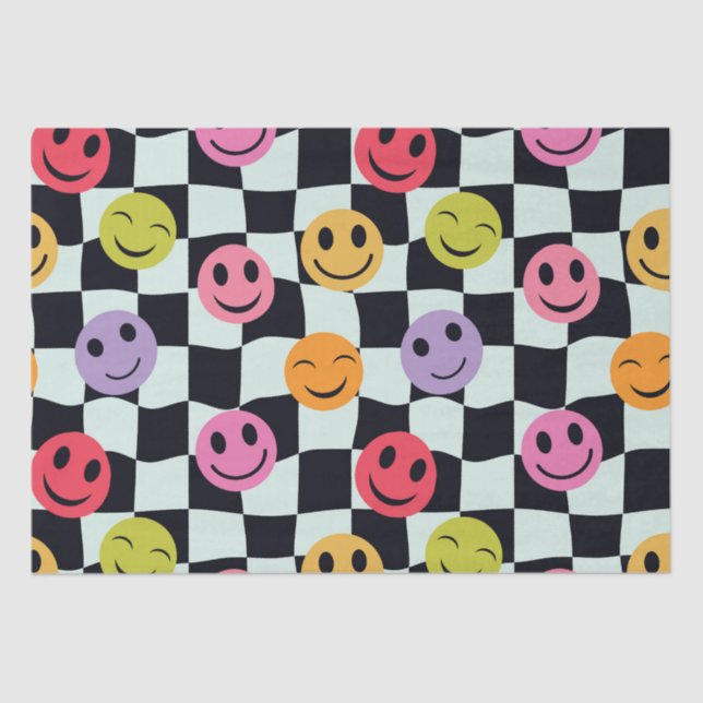 Happy Faces on Warped Black and White Chequerboard Tissue Paper (Front)