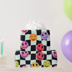 Happy Faces on Warped Black and White Chequerboard Wrapping Paper