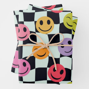 Happy Faces on Warped Black and White Chequerboard Wrapping Paper Sheet