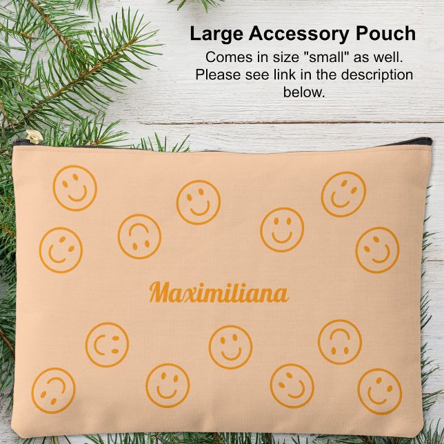 Happy Faces Orange on Peach- LARGE Accessory Pouch (Large Accessory Pouch - Happy Faces Orange on Peach by Leapfroglisics Shop)