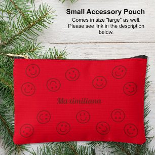 Happy Faces Red on Light Red-SMALL Accessory Pouch